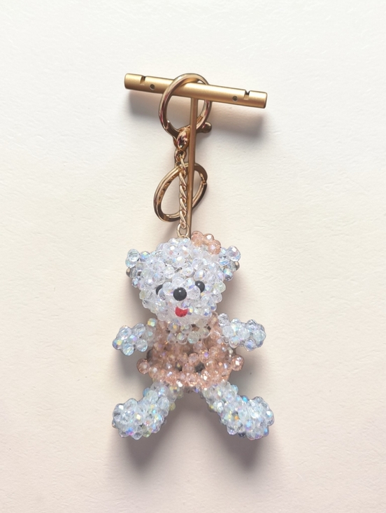 Accessories - Beaded Teddy Bear Keychain - Pink and Iridescent